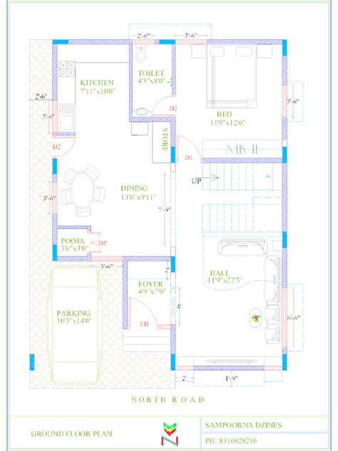 North Facing 30x40 House Plans Duplex 3bhk With Foyer G1 Ground Floor