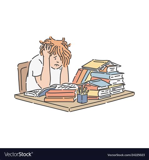 Stressed School Student Sitting At Table With Pile