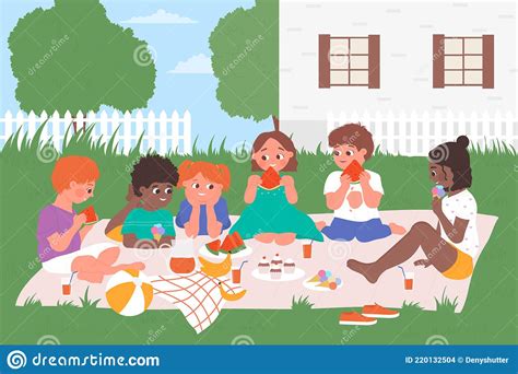 Kids Eat Picnic Food Happy Children Friends Spend Fun Time On Picnic