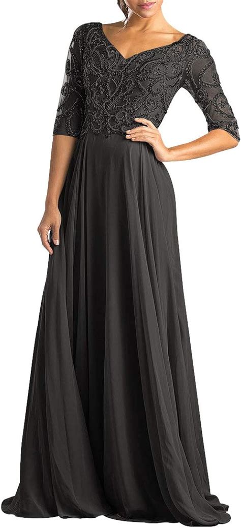 Chiffon Mother Of The Bride Dresses With Sleeves Long Beaded Evening Dress A Line Formal Gowns V