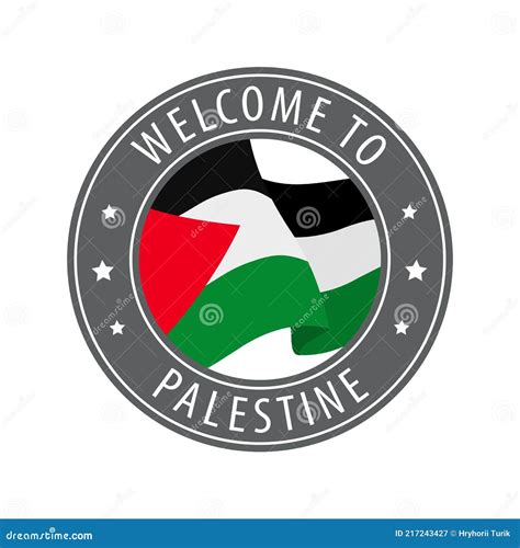 Welcome To Palestine Gray Stamp With A Waving Country Flag Stock