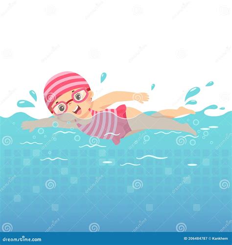 Dibujos Animados De Una Niña En Traje De Baño Rosa Nadando En La