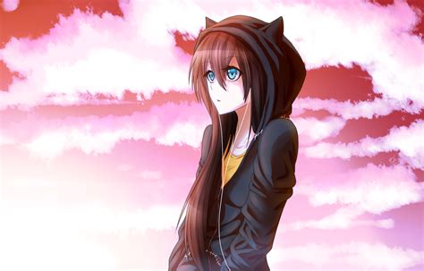 Anime Girl With Brown Hair And Blue Eyes With A Black Cat