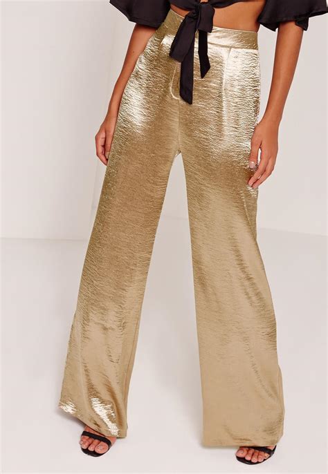 Lyst Missguided Satin Wide Leg Trousers Gold In Metallic