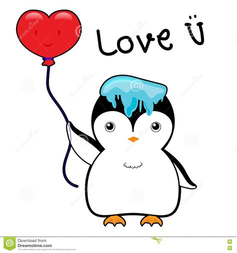 Cute Penguin With Ice On Head And Red Balloon In A Heart Shape Vector