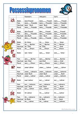Possessivpronomen n (genitive possessivpronomens, plural possessivpronomen or possessivpronomina) ;; 13393 Kostenlose Arbeitsblätter von DaF-Lehrer für DaF-Lehrer