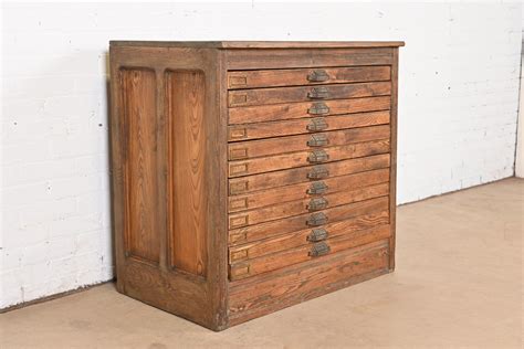 Antique Pine 12 Drawer Blueprint Flat File Cabinet By Hamilton Circa
