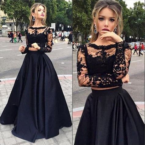 Long New Black Two Pieces Evening Dresses Sheer Long Sleeves Lace Top Satin A Line Prom Party