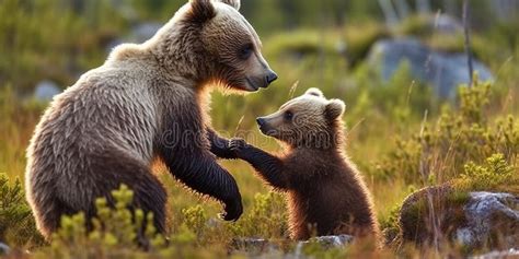 A Bear Cub Joyously Pounces On Its Mother Their Playful Wrestling A