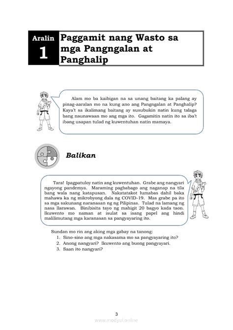 Worksheets Sa Paggamit Ng Wasto Ang Mga Pangngalan At Panghalip Grade Filipino Q Ep