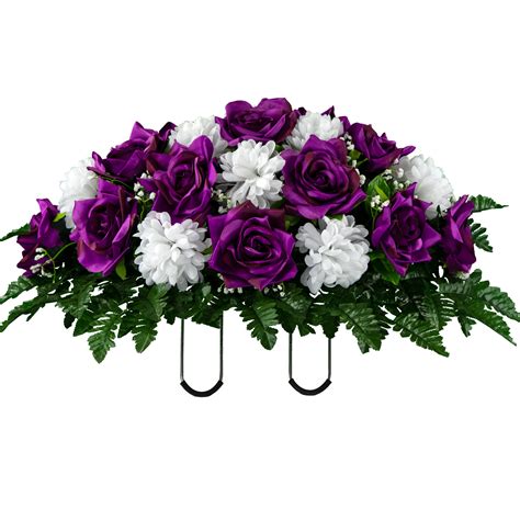 Sympathy Silks Artificial Cemetery Flowers Purple Open Rose With White
