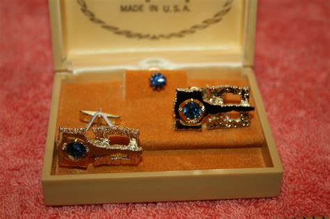 Vintage Goldtone Cufflinks And Tie Tac Blue Stone La Rue Fine Jewelry