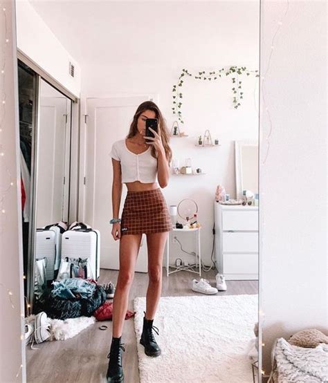 cute aesthetic white with brown mini skirt mirror selfie cute outfits fashion fashion outfits