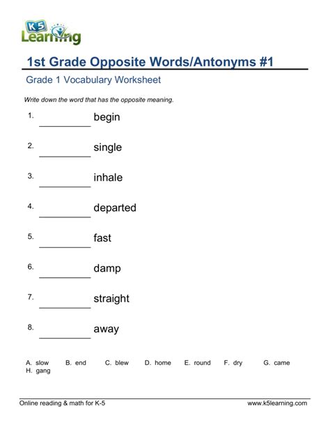 1st Grade Antonyms 1