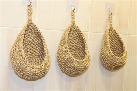 Hanging Wall Baskets Crocheted Jute Teardrop Baskets Kitchen Etsy
