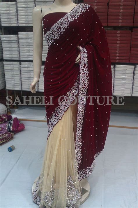 Net And Velvet Saree With Swarovski Embroidery At Saheli Couture