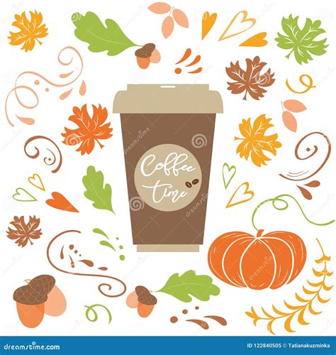 Coffee Time Lettering Text On Fall Background With Autumn Leaves