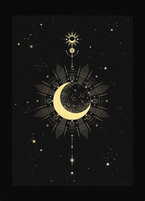 Moon Totem Art Print In Gold Foil And Black Paper With Stars And Moon