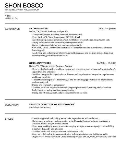 Lead Business Analyst Resume Samples | Velvet Jobs
