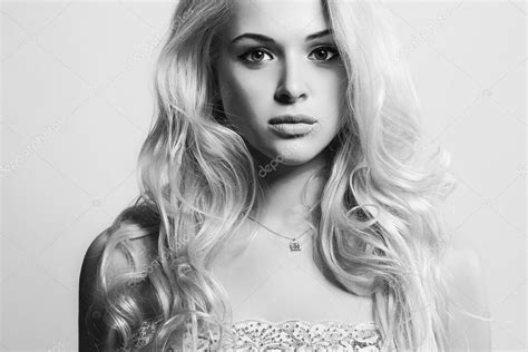 Monochrome Poatrait Of Fashion Portrait Of Young Beautiful Woman Sexy Blonde Blond Girl Curly