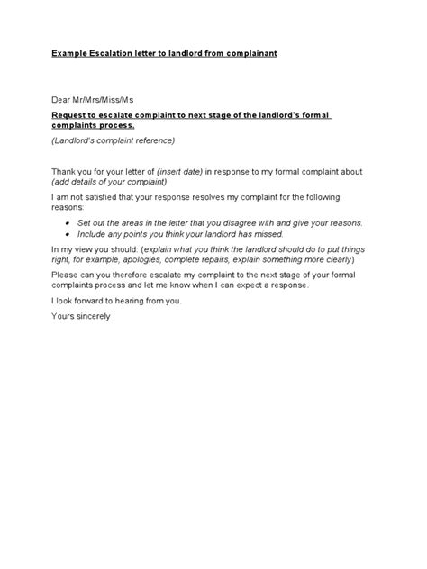 Example Escalation Letter To Landlord From Complainant Pdf