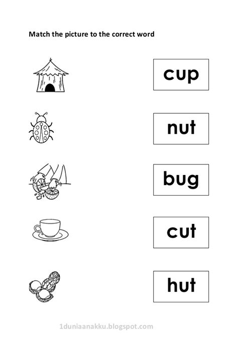 back activities list of words printable worksheets. Free phonics match picture to word worksheet (vowel 'u')