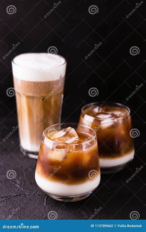 Iced Coffee In Glasses With Milk Black Background Stock Photo Image