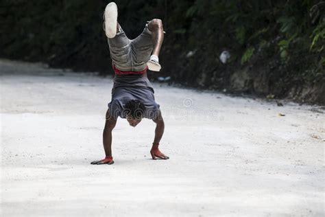 Man Doing Handstand And Walking On Street Jamaica Editorial Stock