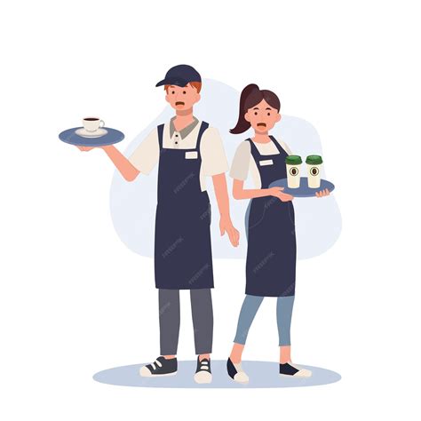 Premium Vector Full Length Of Waiter And Waitress Holding A Tray With Coffee Vector Illustration