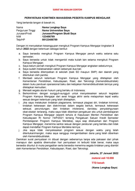 Contoh Format Surat Pernyataan Komitmen Mahasiswa Peserta Km Surat