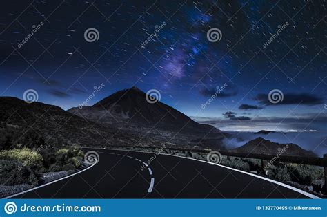 Night Mountain Road Night Sky With Milky Way And Stars Stock Image