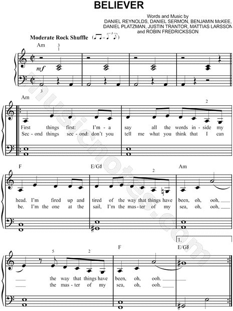 Imagine Dragons Believer Sheet Music Easy Piano In A Minor