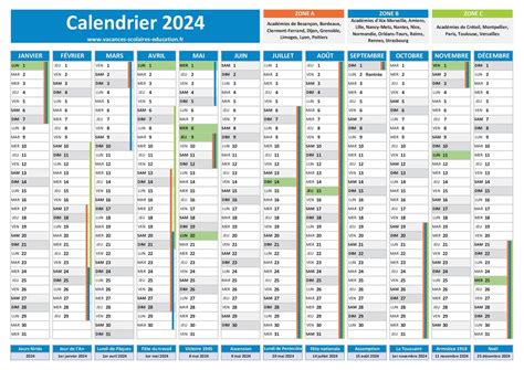 Calendrier 2024 Avec Vacances Scolaires Et Jours Fériés à Imprimer
