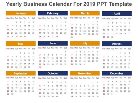 Yearly Business Calendar For 2019 Ppt Template Powerpoint Design
