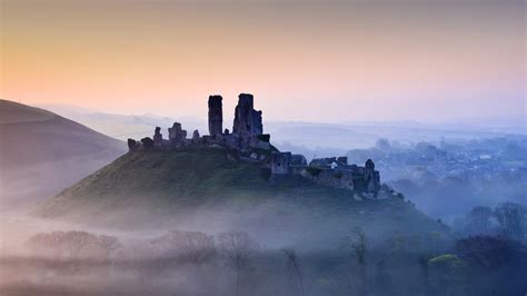 Wallpaper Id 1221758 Corfe Castle Fog England Hills Dorset