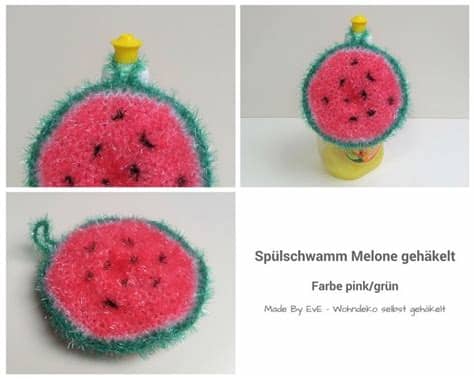 Pink zuhause in der malwerkstatt anrühren. Spülschwamm als Melone gehäkelt in der Farbe pink/grün ...