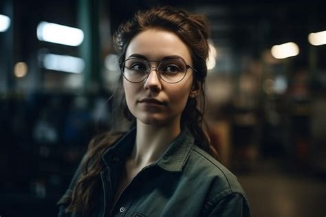 Premium Ai Image A Woman Wearing Glasses Stands In A Dark Room Wearing A Jacket That Saysthe