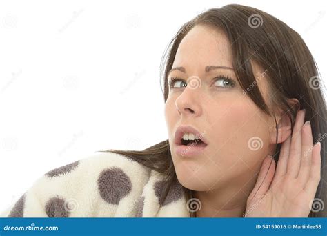 Attractive Young Woman Being Nosy Eavesdropping A Conversation Stock