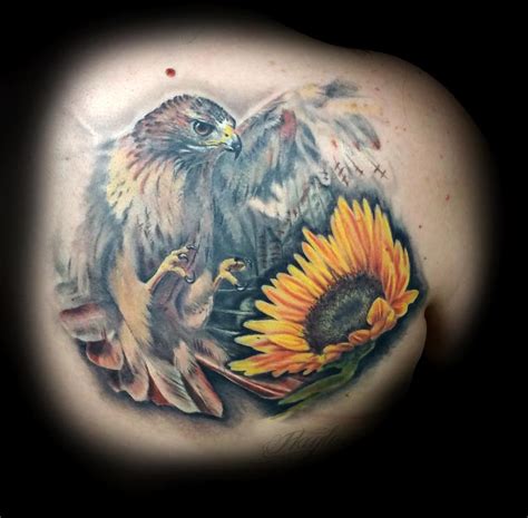 Golden Eagle With Sunflower Realistic Style Back Piece By Haylo Tattoos