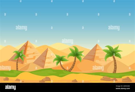 Egyptian Pyramids With Palms In Desert Landscape Cartoon Vector Illustration Stock Vector Image