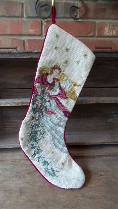 vintage angel needlepoint stocking christmas angel etsy vintage christmas stockings