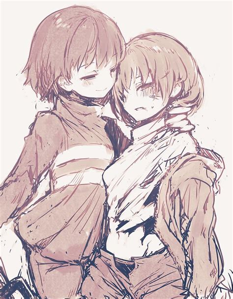 Safebooru 2others Androgynous Blush Chara Undertale Closed Mouth Frisk Undertale Greyscale