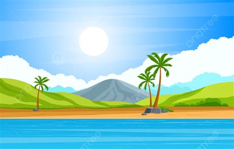 Background Liburan Di Ilustrasi Pemandangan Musim Panas Pohon Palem Pantai Tropis Pasir Cerah
