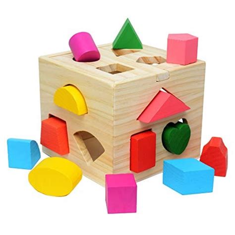 Shape Sorting Cube Toys With 13 Pcs Wooden Blocks Colorful Sorter Game