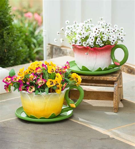 Indoor Outdoor Flower Teacup Planter With Saucer Pink Plow Hearth