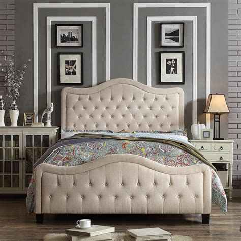 Classic Beige Upholstered Bed Sleigh Frame Button Tufting On Headboard