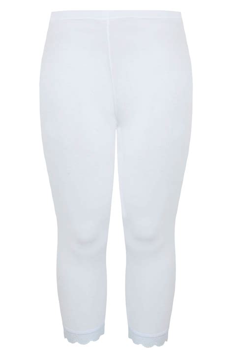 White Cotton Essential Cropped Leggings With Lace Detail Plus Size 16 To 32