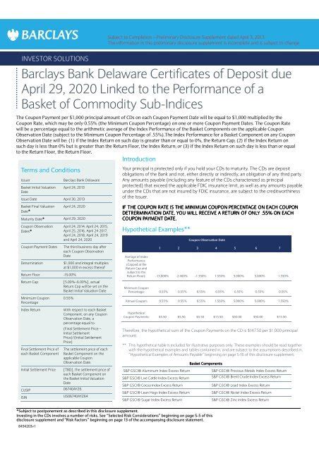 © 2021 barclays bank delaware, member fdic credit card customer support: Barclays Bank Delaware Certificates of Deposit due April ...