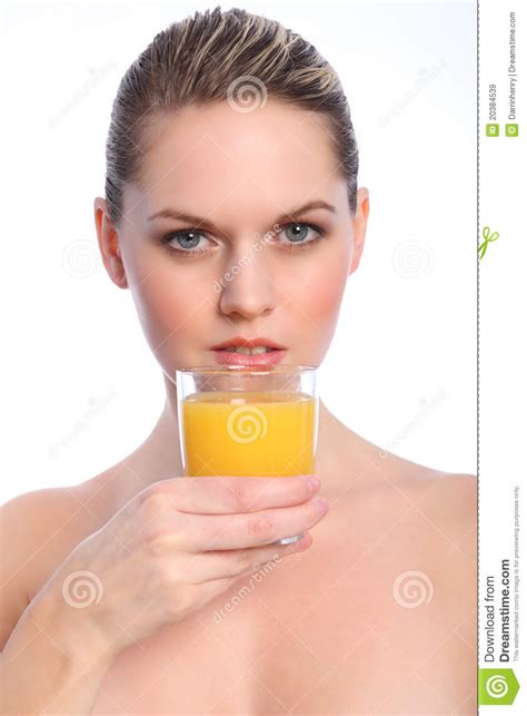 Beautiful Woman Drinks Healthy Orange Fruit Juice Stock