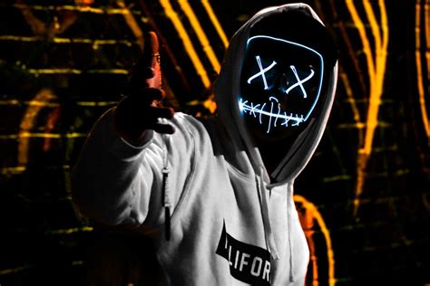 Man Wearing White California Pullover Hoodie And Led Mask